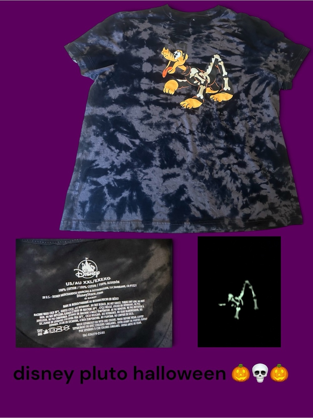 Disney Parks Howl-O-ween Pluto Skeleton Glow-in-the-dark Tie Dye T Unisex XXL